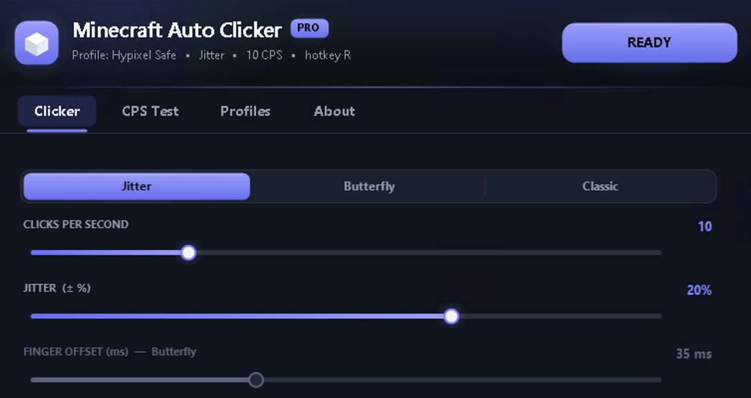 Minecraft Auto Clicker Pro app — jitter and butterfly clicking with CPS controls